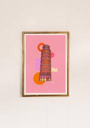 Leaning Tower Of Pisa Art Print Bright Pink Italy Illustration - thumbnail 1