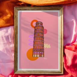 Leaning Tower Of Pisa Art Print Bright Pink Italy Illustration - thumbnail 2