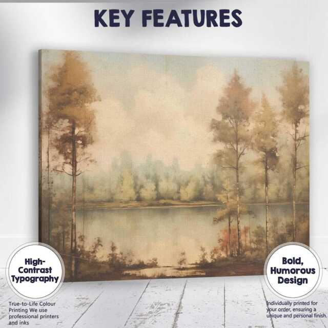 Serene Forest Lake Reflection Soft Earth Tone Landscape Canvas Wall Art Print Decor Picture Ready To Hang - image 1
