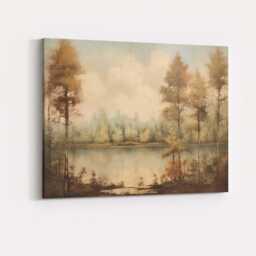 Serene Forest Lake Reflection Soft Earth Tone Landscape Canvas Wall Art Print Decor Picture Ready To Hang - thumbnail 4