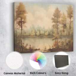 Serene Forest Lake Reflection Soft Earth Tone Landscape Canvas Wall Art Print Decor Picture Ready To Hang - thumbnail 2