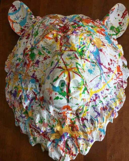 Abstract Expressionist Bear Head Custom Painted Animal Sculpture Wall-Mounted Colorful Art - image 1