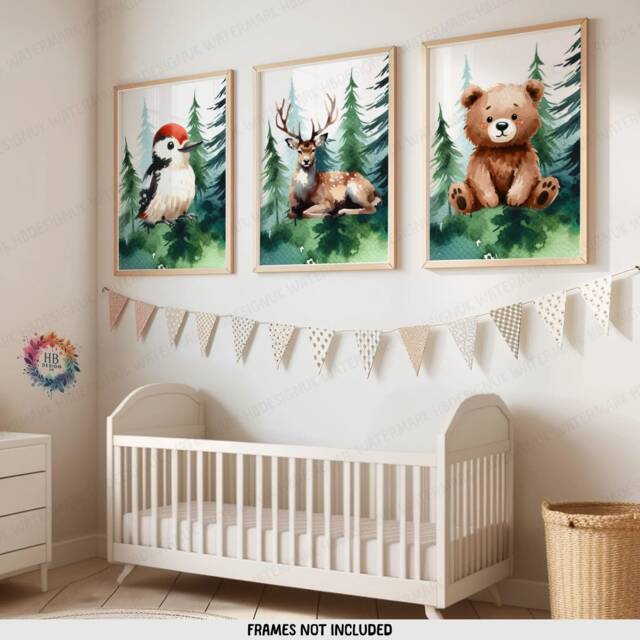 Woodland Nursery Prints - Set Of 3 Animal Posters - Deer, Bear, Woodpecker Green Forest Bedroom Decor Outdoor Playroom Wall Art - image 1