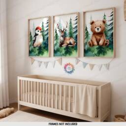 Woodland Nursery Prints - Set Of 3 Animal Posters - Deer, Bear, Woodpecker Green Forest Bedroom Decor Outdoor Playroom Wall Art - thumbnail 2