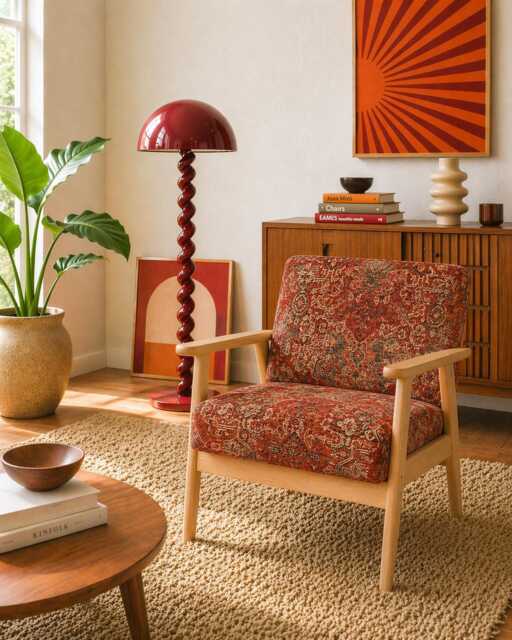 Upholstered Midcentury Modern Armchair - Persian Ruby Red Kilim Fabric - image 1