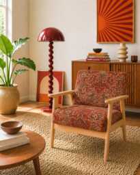 Upholstered Midcentury Modern Armchair - Persian Ruby Red Kilim Fabric