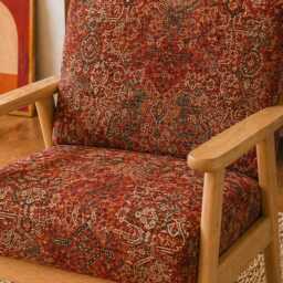 Upholstered Midcentury Modern Armchair - Persian Ruby Red Kilim Fabric - thumbnail 2
