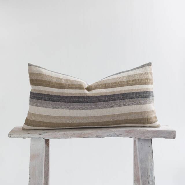 Woven Linen Lumbar Pillow, Golden Brown Bronze Stripes, Kapok Insert - image 1