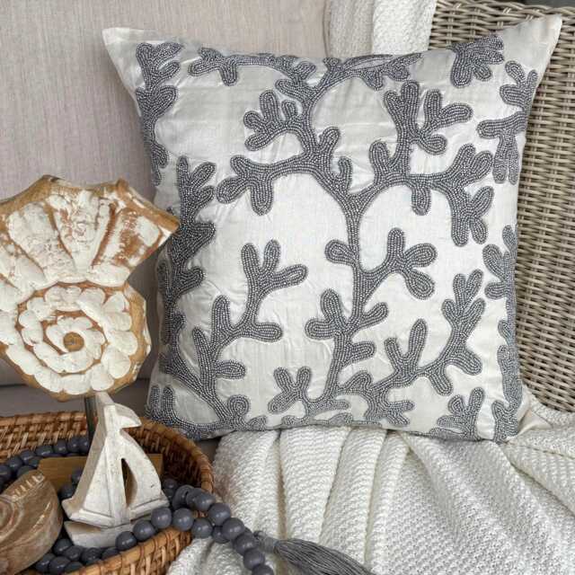 Silver Art Silk Beaded Sea Creature Pattern, Beach Style Throw Pillow Cover/Euro Sham - Coral - image 1