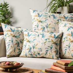 Watercolour Leaves Linen Blend Boudoir Cushion. Sweeping Botanical Garden Landscape in Teal Blue. 17x12 - thumbnail 3