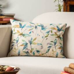 Watercolour Leaves Linen Blend Boudoir Cushion. Sweeping Botanical Garden Landscape in Teal Blue. 17x12