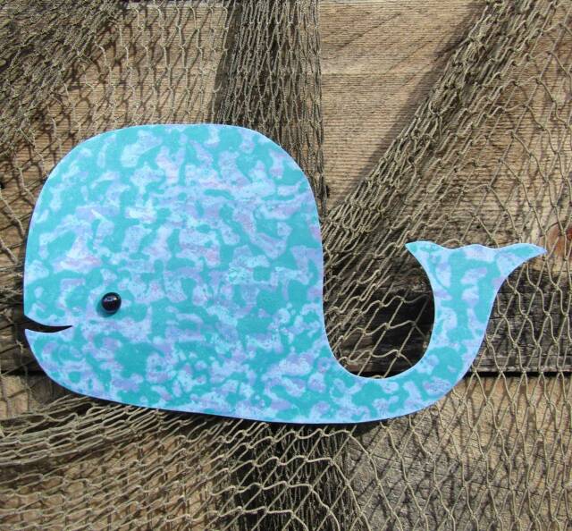 Upcycled Metal Whale Wall Art Turquoise Lavender Kids Room Decor - image 1