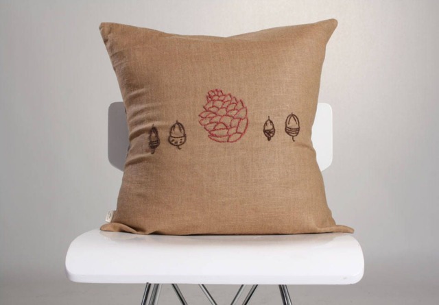 Brown Linen Fall Embroidered Pillow, Pine Cone Pillow Cover, Throw Decorative Cushion Cover - image 1