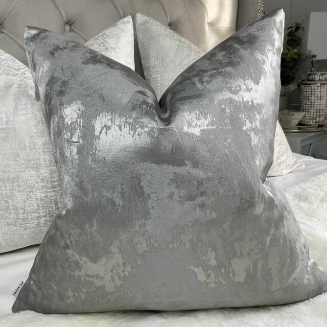 Elegant Pewter Tessere Cushion Cover Metallic Grey & Silver Designer Fabric Throw Pillow Cover - Worldwide Shipping - image 1
