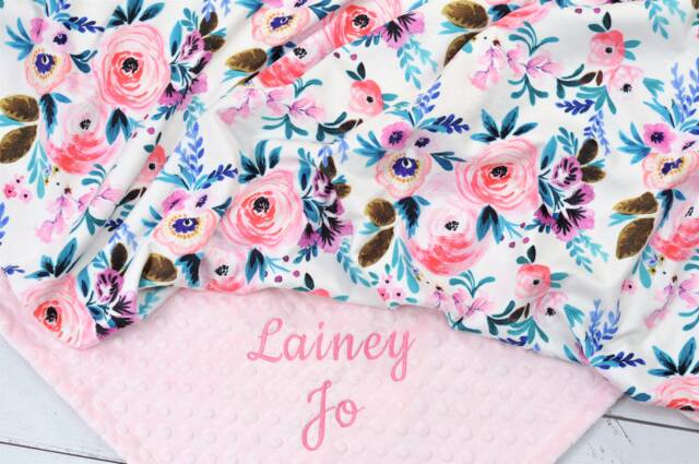 Personalized Baby Blanket Floral-Baby Girl Personalized-Pink Coral Purple Floral Minky Blanket-Floral Bedding-Floral Nursery - image 1