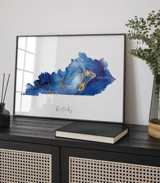 Kentucky Map Blue & Gold Wall Art Print - Us State United States Of America Usa - image 1