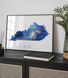 Kentucky Map Blue & Gold Wall Art Print - Us State United States Of America Usa - thumbnail 1