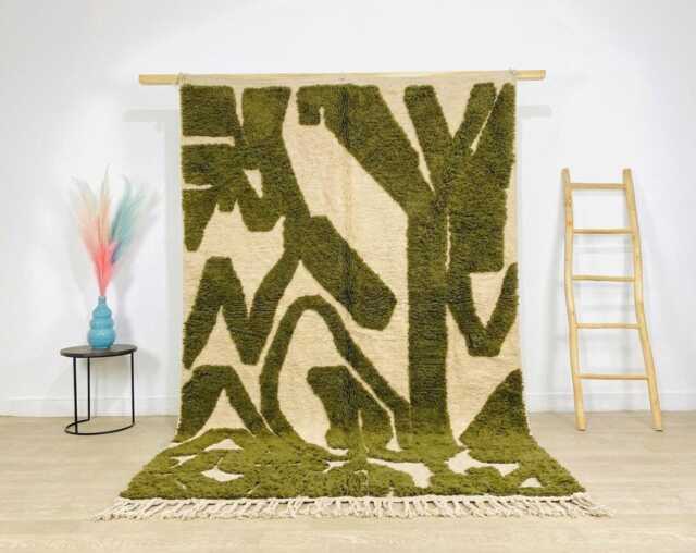 Moss Green White Abstract Moroccan Rug - Organic Modern Berber Decor Large Area Rugs Living Room - image 1