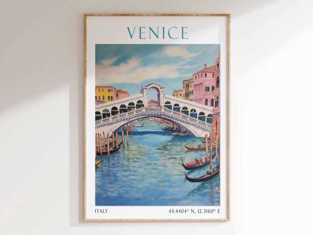 Venice Print, Poster, Art Wall Art, Gondola Canal Travel Rialto Bridge - image 1