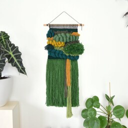 Green Woven Wall Hanging Chunky Boho Tapestry, Textile Art - thumbnail 2
