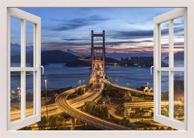 Hong Kong Bridge View Wall Decal, City 3D Window Frame Sticker