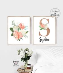 Set Of 2 Nursery Prints, Personalised Rose Gold Room, Watercolour Flowers, Peach & Cream, Girls Room Wall Art, Decor - thumbnail 1