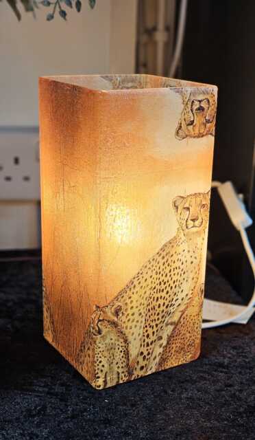 African Cheetah Leopard Table Lamp Orange Decoupage, Handmade Glass Lamp - image 1