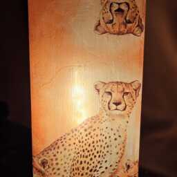 African Cheetah Leopard Table Lamp Orange Decoupage, Handmade Glass Lamp - thumbnail 2