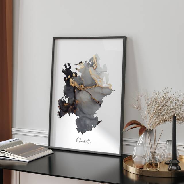 Charlotte Map Black & Gold Wall Art Print - North Carolina Usa United States Of America [Ev] - image 1
