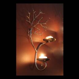 Left Hand Two Candle Metal Tree Sculpture Wall Sconce For Votive & Tea Candles