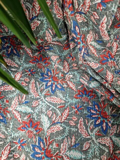 Kantha Stitch Pure Cotton Reversible Bed/Sofa Throw King Size - Handmade Handprinted Floral Dohar Elegant Grey Red Blue Christmas Blossom - image 1