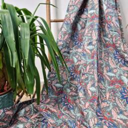 Kantha Stitch Pure Cotton Reversible Bed/Sofa Throw King Size - Handmade Handprinted Floral Dohar Elegant Grey Red Blue Christmas Blossom - thumbnail 2