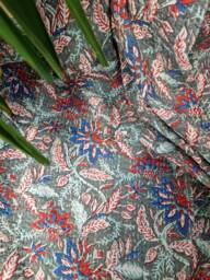 Kantha Stitch Pure Cotton Reversible Bed/Sofa Throw King Size - Handmade Handprinted Floral Dohar Elegant Grey Red Blue Christmas Blossom - thumbnail 1