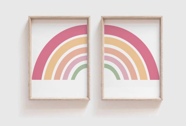 2 Girls Nursery Prints, Blush Pink, Rainbow Wall Art, Bedroom Pastel - image 1