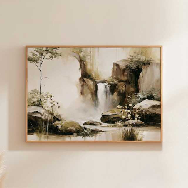 Forest Waterfall Poster, Green Landscape Print, Nature Wall Art, Paper - image 1