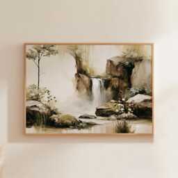 Forest Waterfall Poster, Green Landscape Print, Nature Wall Art, Paper - thumbnail 1