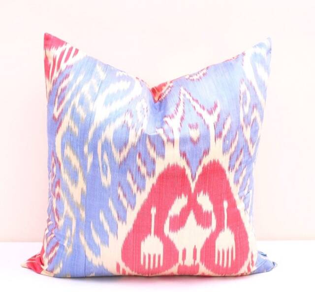 Handloom Ikat Pillow Cover, Sky Blue & Coral, 20x20 - image 1