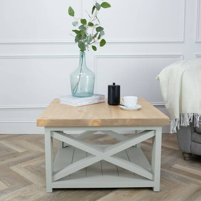 Rustic Coffee Table With Thick Solid Pine Wood Top & Lower Shelf. Made To Measure in Any Size Painted Chunky Cross Legs - image 1