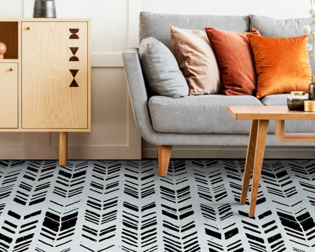Ethnic Vertical Arrows Vinyl Flooring, White Retro Floor Cover, Black Easy To Clean Geometric Sheet Floor, Art - image 1