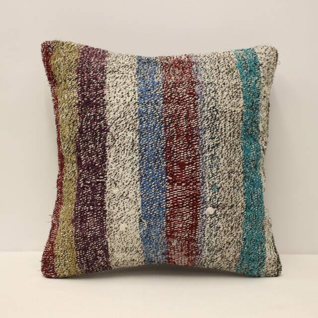 Vintage Turkish Kilim Pillow Cover, Wool Throw 16x16 - image 1