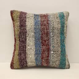 Vintage Turkish Kilim Pillow Cover, Wool Throw 16x16 - thumbnail 1