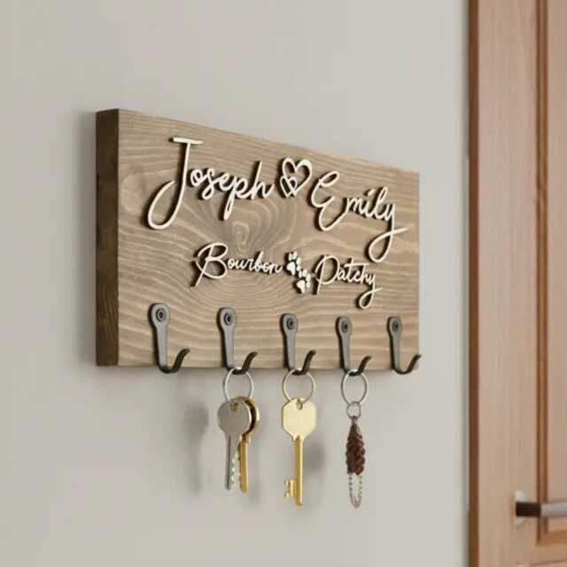 "Personalised Wooden Key Holder With Hooks - Family Name, His & Hers Or " - image 1
