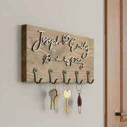 "Personalised Wooden Key Holder With Hooks - Family Name, His & Hers Or " - thumbnail 1