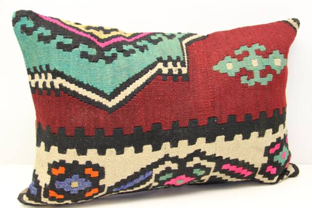 Turkish Kilim Pillow Cover, Handmade Wool Lumbar Cushion - 16x24 Inch - image 1