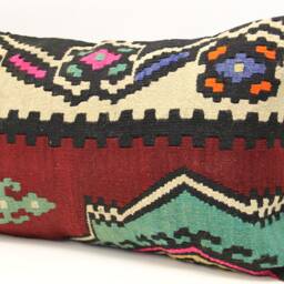 Turkish Kilim Pillow Cover, Handmade Wool Lumbar Cushion - 16x24 Inch - thumbnail 3