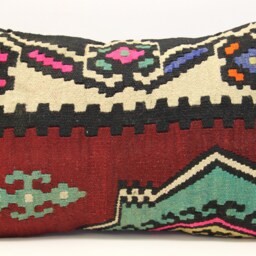 Turkish Kilim Pillow Cover, Handmade Wool Lumbar Cushion - 16x24 Inch - thumbnail 2
