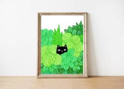 Cat Print/& Houseplants Houseplant Art Illustration Black Cats Plants - thumbnail 1