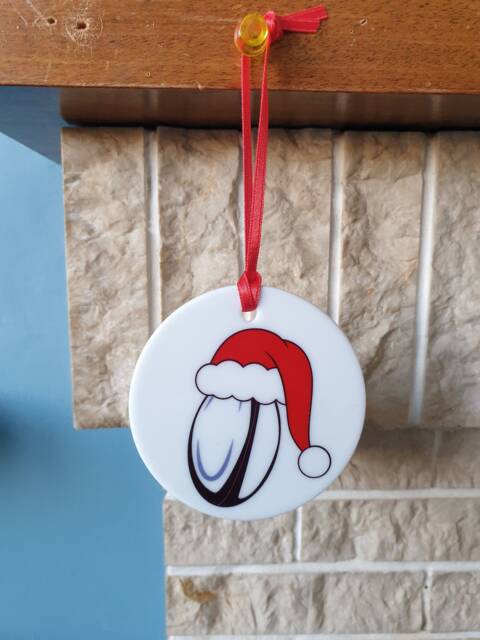 Rugby Ball With Christmas Hat Ceramic Tree Decoration - image 1
