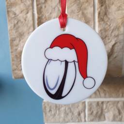 Rugby Ball With Christmas Hat Ceramic Tree Decoration - thumbnail 2