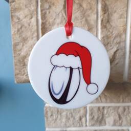 Rugby Ball With Christmas Hat Ceramic Tree Decoration - thumbnail 3